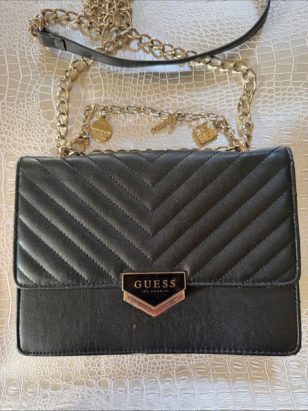 GUESS Black Quilted Crossbody with Gold Chain Detail